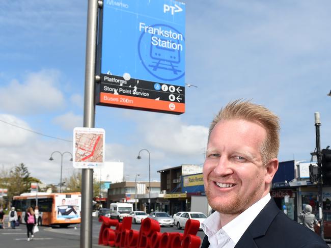 Frankston state Labor MP Paul Edbrooke with Young St and train station in background ... he is announcing both contract for $13 million Young St redevelopment and separate design competition for $50 revamp of train station.Picture: Jason SammonTuesday 27 September 2016