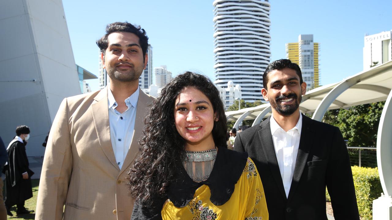 Griffith business school graduation at Gold Coast Convention Centre.Harsh Sonpal, Saloni Shringi, and Ankit Pashine.. Picture Glenn Hampson