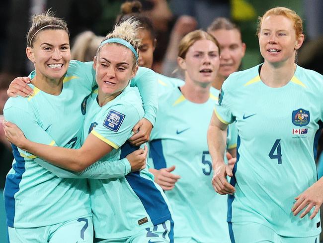 MELBOURNE, JULY 31, 2023: 2023 Fifa Womens World Cup - Australia V Canada. Steph Catley of the Matildas celebrates a goal during the match at Melbourne Rectangular Stadium. Picture: Mark Stewart