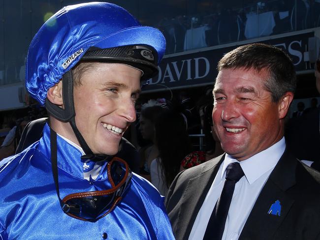 James McDonald (left) with Darren Beadman on Caulfield Cup Day in 2015. Picture: Colleen Petch