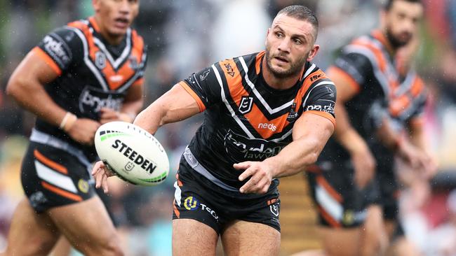 Robbie Farah of the Wests Tigers passes the ball during the match against the Manly Warringah Sea Eagles at Leichhardt Oval on March 16. Picture: Matt King