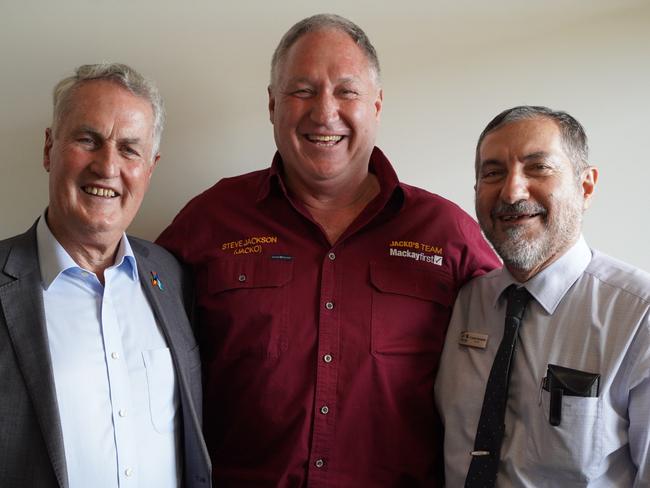 Mayoral candidates for the 2024 Mackay Regional Council (from left): incumbent mayor Greg Williamson, Steve Jackson, and incumbent councillor Laurence Bonaventura, at the Mackay Chamber of Commerce annual mayor's debate. Picture: Heidi Petith