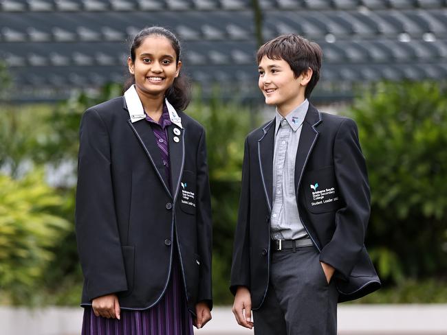 The first enrolled student Saanvi Sunil, 13, with Kaldor Varga, 13, after the official opening of Brisbane South State Secondary College. Pics Tara Croser.