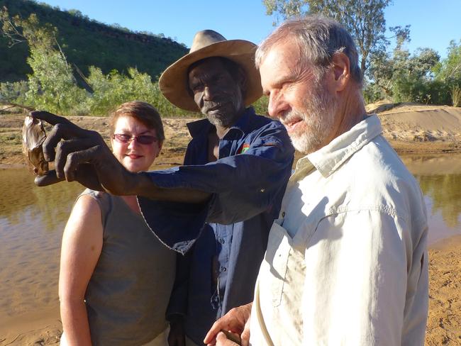 Prof Janet Hergt, traditional owner Augie Unghango and Prof Andy Gleadow. Picture: Mark Jones. Image taken in the field with permission of Balanggarra Aboriginal Corporation.