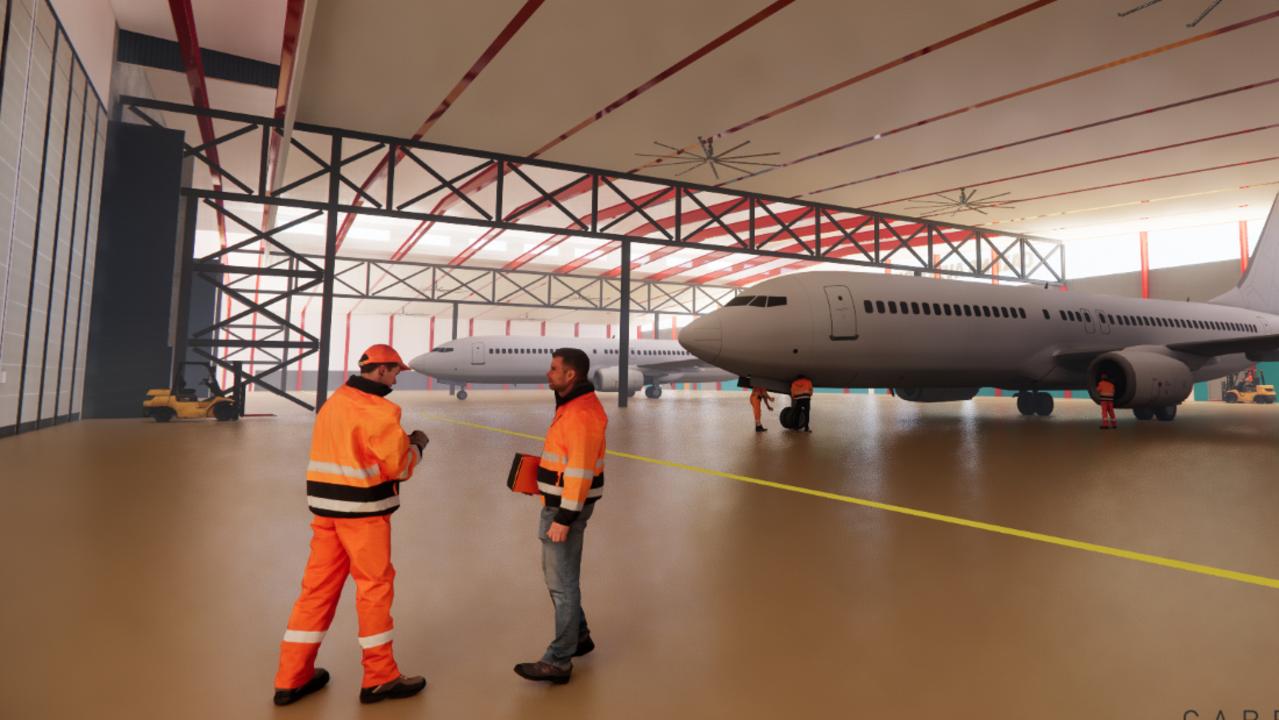 A conceptual render of the 10,000sqm common use maintenance, repair and overhaul (MRO) hangar, a key piece of the eastern aviation precinct.