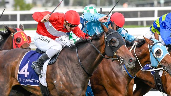 Jockey Ben Melham (left) rides Sacramento to victory in the VRC St Leger.