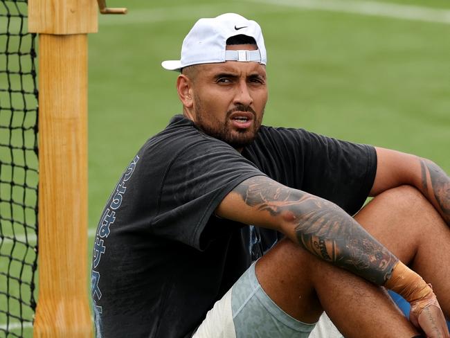 LONDON, ENGLAND - JUNE 28: Nick Kyrgios of Australia looks on during a practice session ahead of The Championships - Wimbledon 2023 at All England Lawn Tennis and Croquet Club on June 28, 2023 in London, England. (Photo by Clive Brunskill/Getty Images)