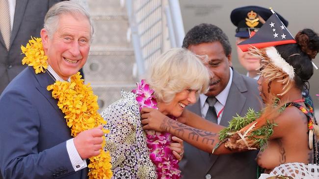 Prince Charles and the Duchess of Cornwall in Port Moresby, Papua New Guinea, at the start of a 12-day tour including Australia in 2012. Picture: Getty Images