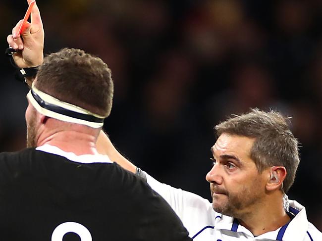 PERTH, AUSTRALIA - AUGUST 10: Scott Barrett of New Zealand is shown the red card during the 2019 Rugby Championship Test Match between the Australian Wallabies and the New Zealand All Blacks at Optus Stadium on August 10, 2019 in Perth, Australia. (Photo by Cameron Spencer/Getty Images)