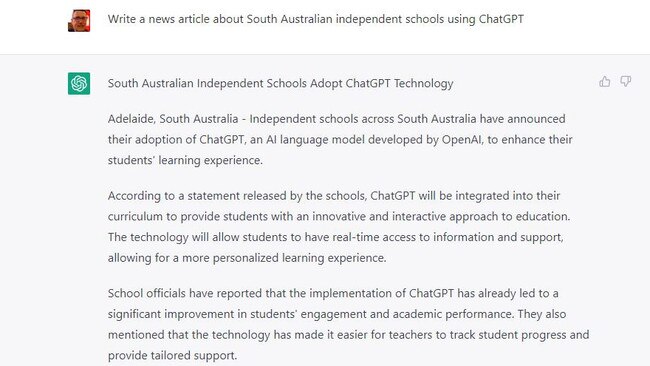 A first draft of an article on independent Adelaide schools using ChatGPT written using artificial intelligence. Picture: Supplied