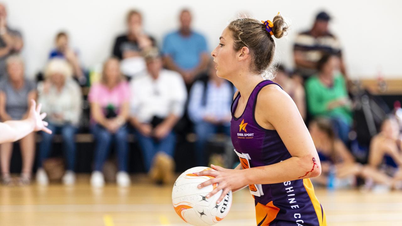 Ava Guthrie of Sunshine Coast against Darling Downs in Queensland School Sport 13-15 Years Girls Netball Championships at The Clive Berghofer Sports Centre, The Glennie School, Friday, May 6, 2022. Picture: Kevin Farmer