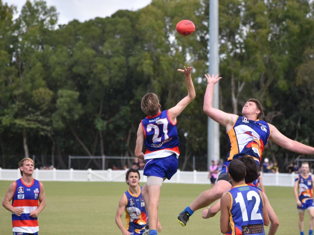 Josh Camilleri in the Moranbah Bulldogs v Whitsunday Sea Eagles u17s AFL grand final at Magpies Sporting Club, Mackay, September 11, 2021. Picture: Matthew Forrest