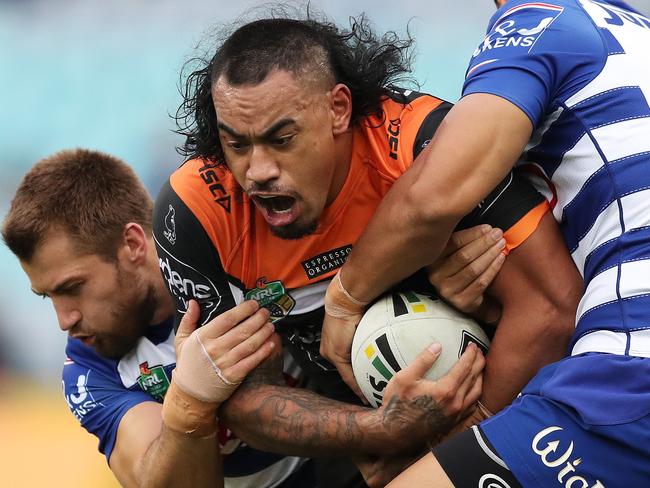 Tigers Mahe Fonua during the Wests Tigers v Bulldogs NRL match at ANZ Stadium, Homebush. Picture: Brett Costello