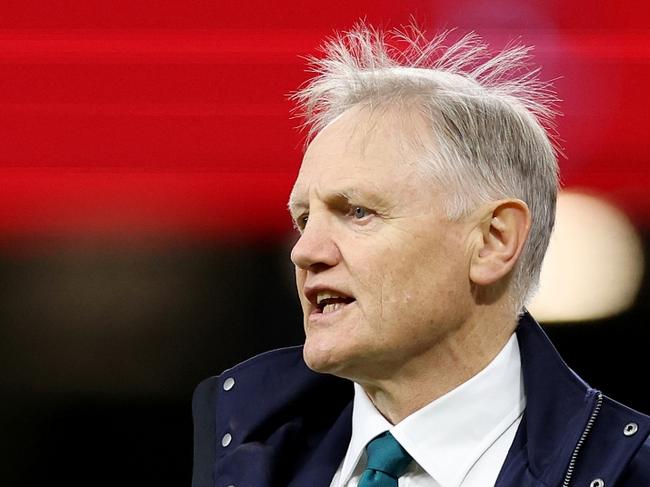 CARDIFF, WALES - NOVEMBER 17: Joe Schmidt, Head Coach of Australia, looks on as players of Australia warm up prior to the Autumn Nations Series 2024 match between Wales and Australia at the Principality Stadium on November 17, 2024 in Cardiff, Wales. (Photo by Michael Steele/Getty Images)