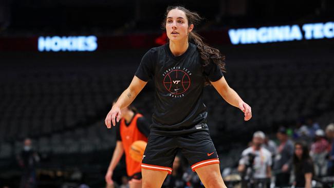 Georgia Amoore #5 of the Virginia Tech Hokies looks on during practice before the 2023 NCAA Women's Final Four semi-final game at American Airlines Center on March 30, 2023 in Dallas, Texas. Picture: Tom Pennington/Getty Images/AFP.