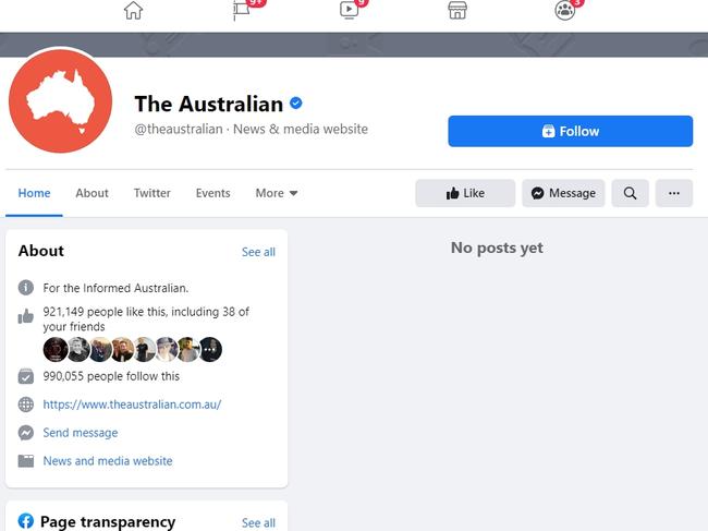 Facebook has followed through with banning news pages from sharing their posts on the platform. Picture: The Australian