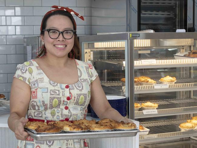 QNPBNM pie shop owner Susie Yang. She recently opened Pie Town and has been selling out of her delicious sweet and savoury pies ever since. Susie will have her beloved rescue dog Ginnifer with her and a bunch of pies on hand. PHOTOGRAPHY : Russell Shakespeare