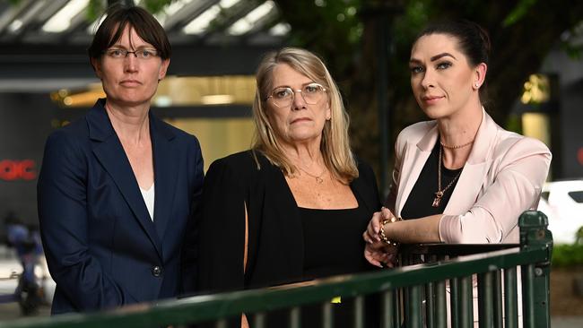 Forensic scientist Kirsty Wright, Shandee Blackburn’s mother Vicki Blackburn and sister Shannah Blackburn outside the inquiry hearing on Thursday. Picture: Lyndon Mechielsen