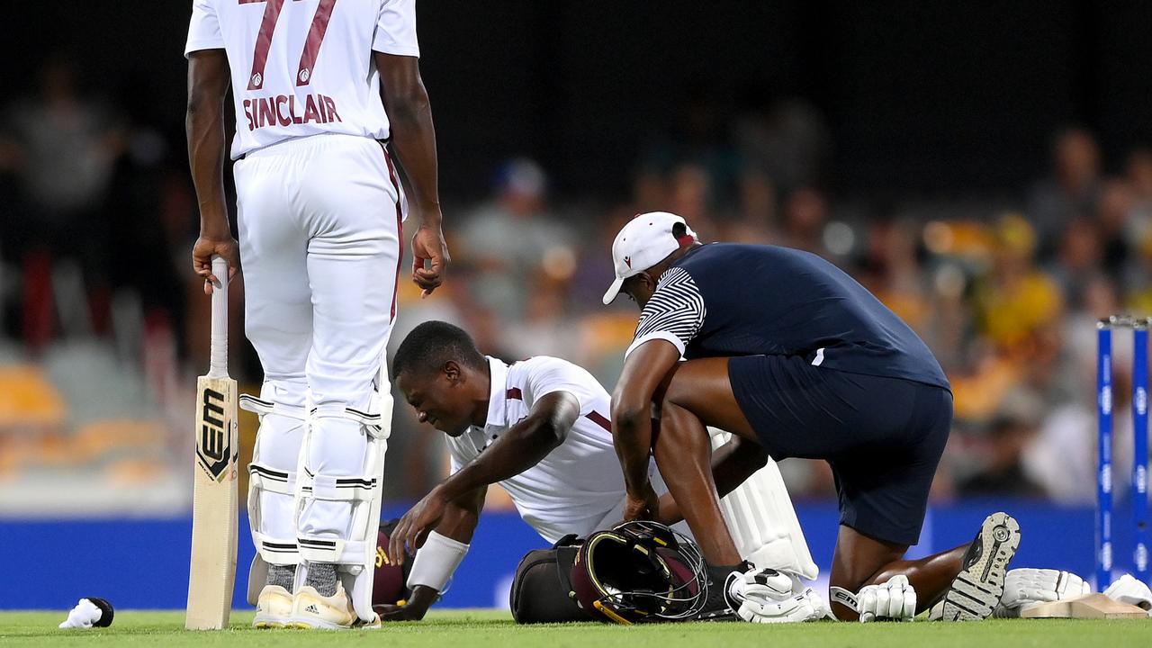Shamar Joseph of the West Indies retires hurt. Photo by Bradley Kanaris/Getty Images