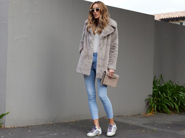 Blue jeans, white T-shirt! A LA-esque Bec Judd wearing the Ena Pelly x Bec Judd edit. Picture: Danielle Castano