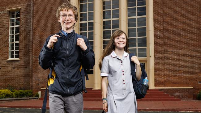 Grade 7 student from New Town High School Stanley Foster, 13 and grade 8 student from Ogilvie High School Kate Figgel, 14 as they are becoming coeducational schools in 2022. Picture: Zak Simmonds