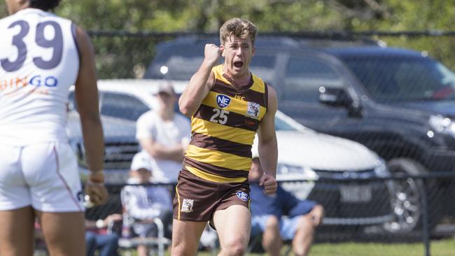 Aspley Hornets' James Neils celebrating a goal. IMAGE: TJ Yelds/NEAFL.