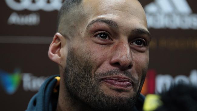 An emotional Josh Gibson announces his retirement. Picture: AAP