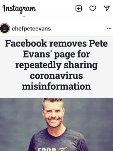 Chef Pete Evans Instagram post regarding his removal of Facebook. Picture: Instagram