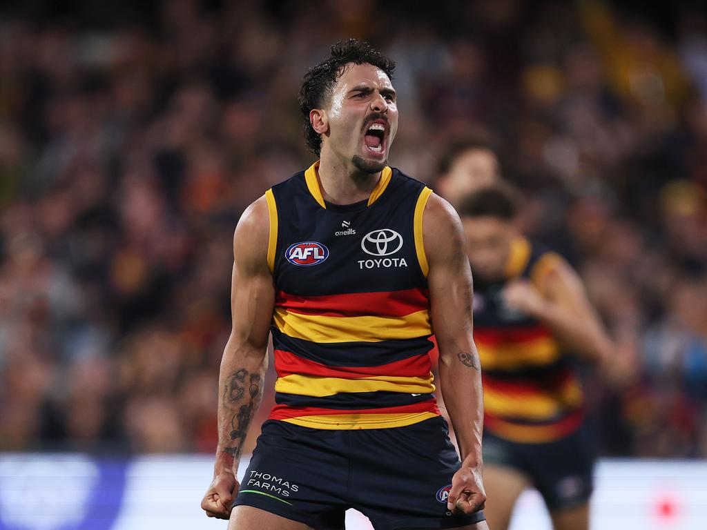 ADELAIDE, AUSTRALIA - APRIL 19: Izak Rankine of the Crows celebrates a goal during the 2024 AFL Round 06 match between the Adelaide Crows and the Essendon Bombers at Adelaide Oval on April 19, 2024 in Adelaide, Australia. (Photo by James Elsby/AFL Photos via Getty Images)