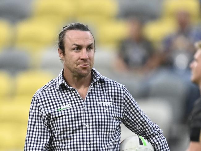 TOWNSVILLE, AUSTRALIA – MAY 24: Cowboys Assistant coach James Maloney looks on during the round 12 NRL match between North Queensland Cowboys and Wests Tigers at Qld Country Bank Stadium, on May 24, 2024, in Townsville, Australia. (Photo by Ian Hitchcock/Getty Images)