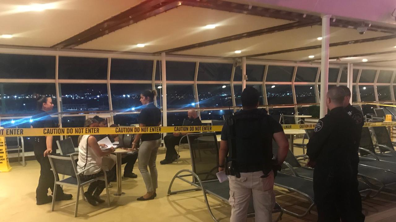 Police attend to scene on the cruise ship after the incident on Sunday, July 7, 2019. Toddler Chloe Wiegand fell to her death from a window on Royal Caribbean cruise ship Freedom of the Seas. Picture: Michael Winkleman