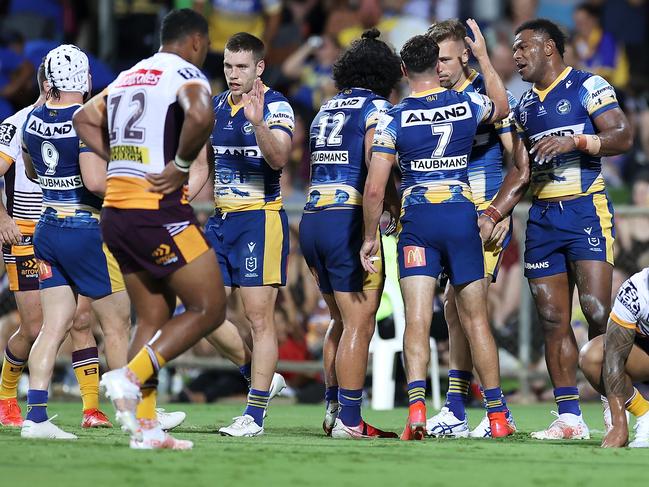 DARWIN, AUSTRALIA - APRIL 23: Maika Sivo of the Eels celebrates with his team mates after scoring a try during the round seven NRL match between the Parramatta Eels and the Brisbane Broncos at TIO Stadium, on April 23, 2021, in Darwin, Australia. (Photo by Mark Kolbe/Getty Images)