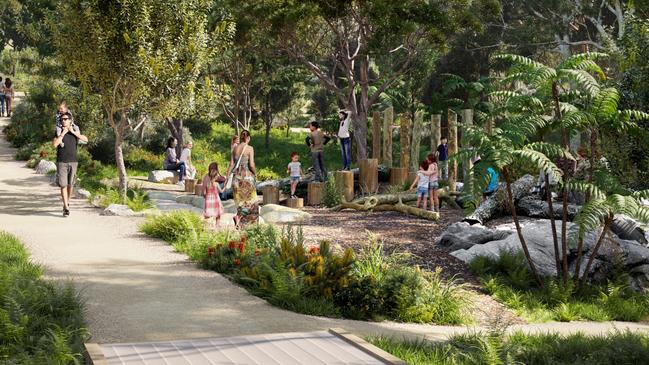 An artist's impression of one of the proposed nature walkways and play spaces within Nandi Reserve, Frenchs Forest. Picture: NSW Government