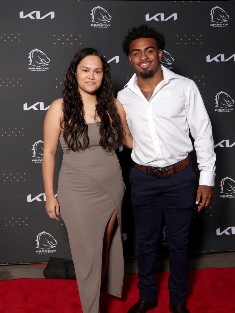 Ezra Mam and Shantelle Jones at the Brisbane Broncos 2024 season launch. Picture: Steve Pohlner