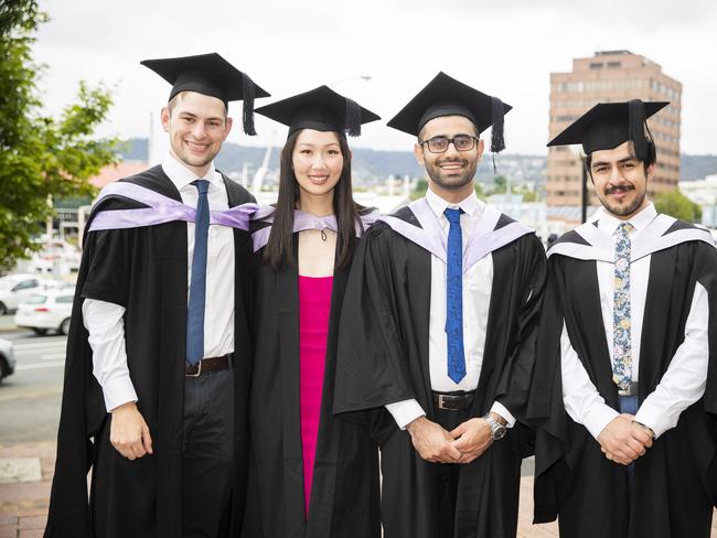Damon Jones, Helen Han, Hannah Kashkari and Tristan Eskenderi. UTAS graduations. School of College of Health and Medicine Graduate Research. Picture: RICHARD JUPE
