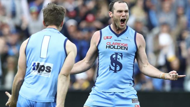 Sturt captain Zane Kirkwood kicks the goal to seal the game. Picture: Sarah Reed.