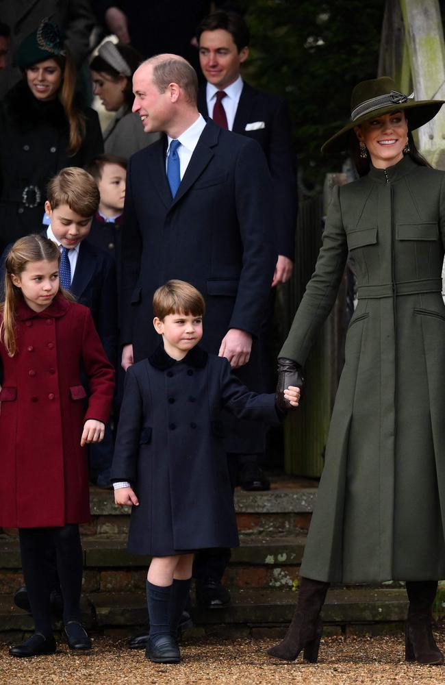 (From L) Princess Charlotte of Wales, Prince George of Wales, Prince William, Prince of Wales, Prince Louis of Wales and Catherine, Princess of Wales at the Christmas Day servic. Picture: AFP