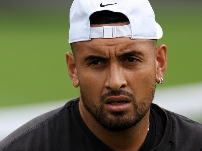 LONDON, ENGLAND - JULY 02: Nick Kyrgios of Australia looks on during a practice session ahead of The Championships - Wimbledon 2023 at All England Lawn Tennis and Croquet Club on July 02, 2023 in London, England. (Photo by Patrick Smith/Getty Images)