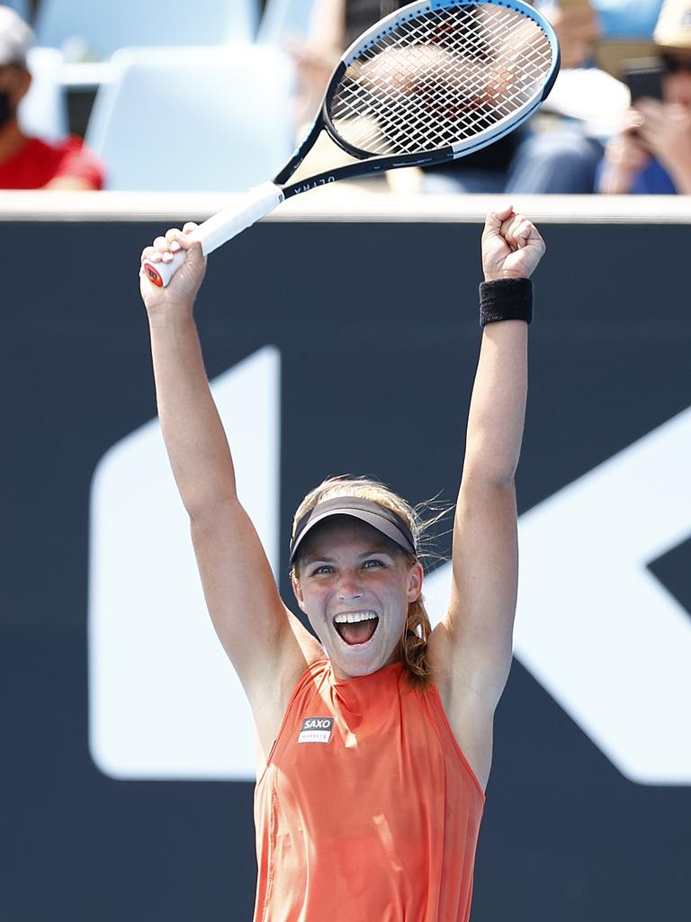 Maddison Inglis reacts after her upset first-round win. Picture: Daniel Pockett/Getty Images