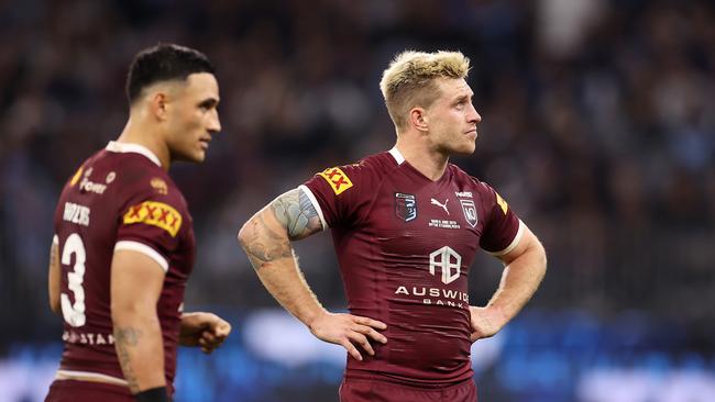 PERTH, AUSTRALIA - JUNE 26: Cameron Munster of the Maroons looks dejected after a try to Nathan Cleary of the Blues during game two of the State of Origin series between New South Wales Blues and Queensland Maroons at Optus Stadium, on June 26, 2022, in Perth, Australia. (Photo by Mark Kolbe/Getty Images)