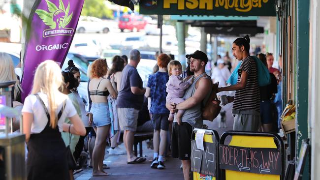 Crowds in James St at Burleigh Heads yesterday. Picture Glenn Hampson