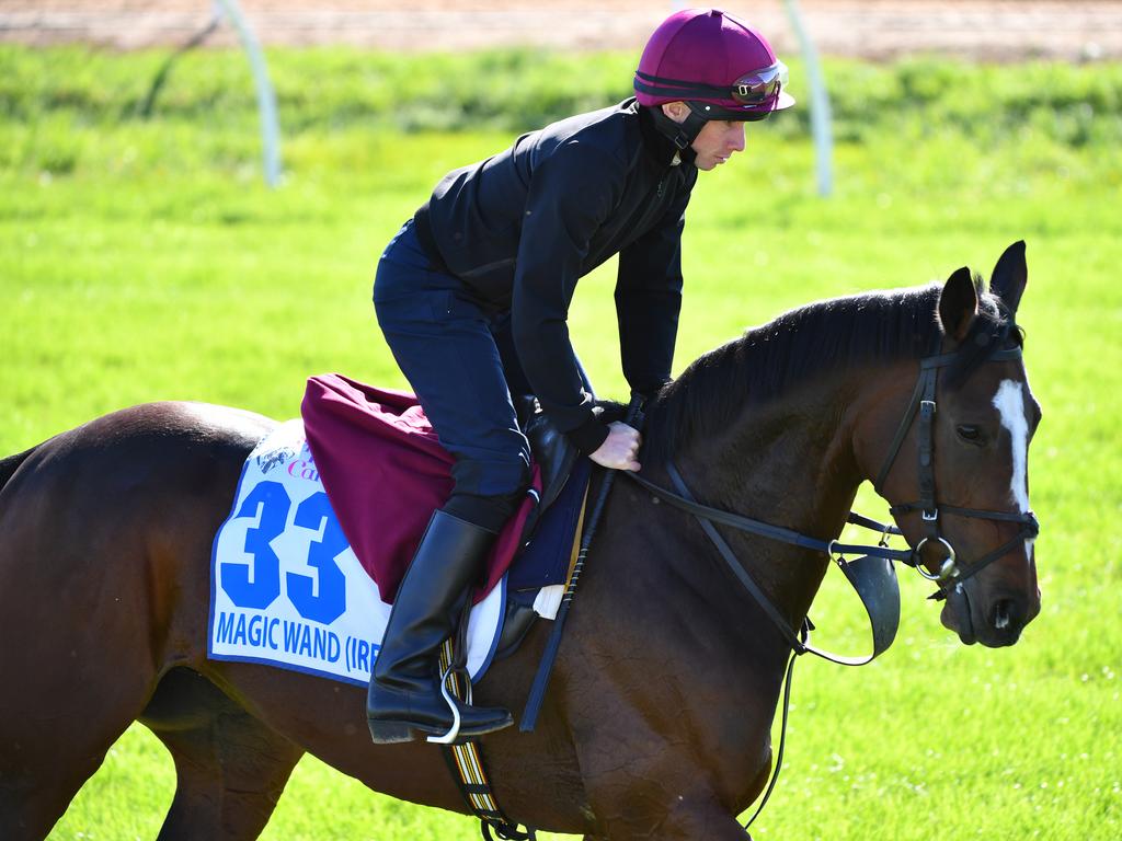 Jockey Ryan Moore rides Magic Wand during a trackwork.