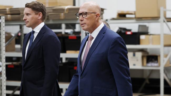 Andrew Hastie and Peter Dutton at a defence funding announcement in the Perth seat of Swan on Wednesday. Picture: Richard Dobson / NewsWire