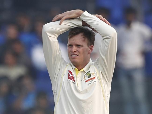 DELHI, INDIA - FEBRUARY 17: Matthew Kuhnemann of Australia reacts during day one of the Second Test match in the series between India and Australia at Arun Jaitley Stadium on February 17, 2023 in Delhi, India. (Photo by Pankaj Nangia/Getty Images)