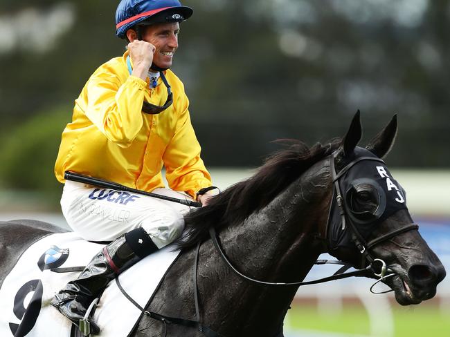 SYDNEY, AUSTRALIA - APRIL 05: Nash Rawiller celebrates riding Silent Achiever to win race six, the BMW during Golden Slipper Day at Rosehill Gardens on April 5, 2014 in Sydney, Australia. (Photo by Matt King/Getty Images)