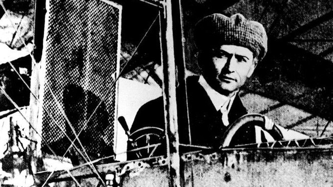 Harry Houdini, escapologist, at the controls of the plane in which he took off from a paddock out of Melbourne in 1910.