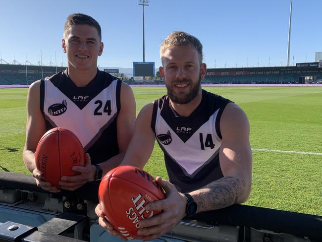 NTFA players Cody Lowe and Jack Donnellan before this year’s clash with the NWFL. Picture: Jon Tuxworth