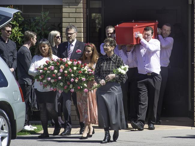 Mourners at the funeral of Ms Broadbent, who died in 2019. Picture: Tony Gough