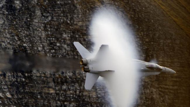 A F/A-18 Hornet fighter aircraft of the Swiss Air Force in a military demonstration. Picture: AFP.