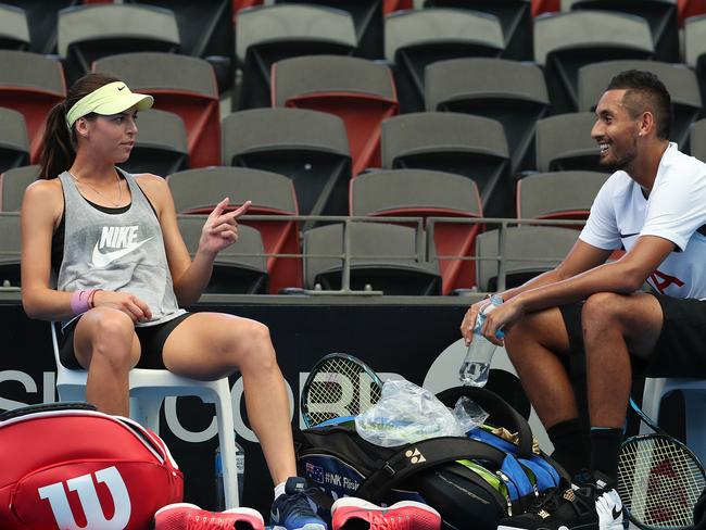 World No.21 Nick Kyrgios with girlfriend Alja Tomljanovic and practice partner at the Queensland Tennis Centre ahead of his debut appearance at the Brisbane International, Tennyson. Photographer: Liam Kidston.